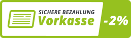 2 % Skonto bei Zahlung mit Vorauskasse - erst bestellen, dann bezahlen Vorkasse Logo